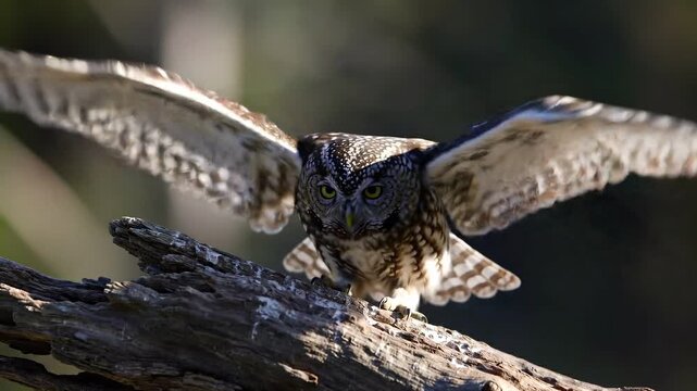 A stunning owl taking flight from a mossy tree branch with its wings spread wide