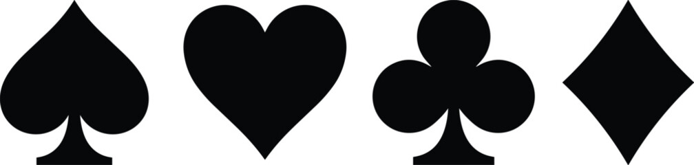 Set of four playing card suit symbols featuring black spades hearts clubs and diamonds icons for gambling casino and games
