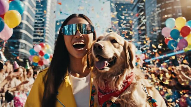 Happy woman dog celebrating in vibrant city parade