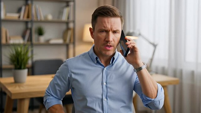 Mid aged man looks concerned while talking on the phone indoors