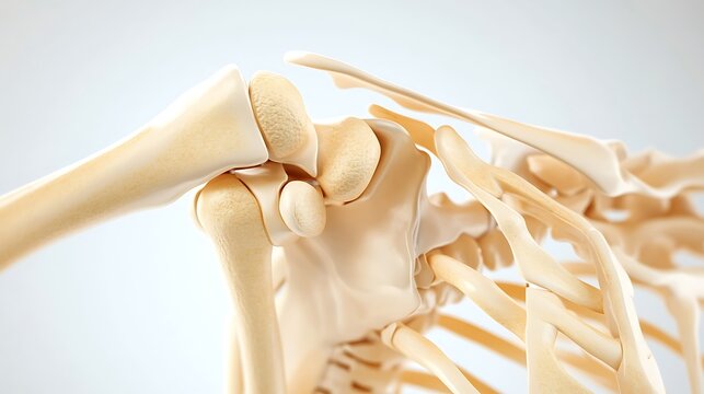 Detailed 3D model of human shoulder anatomy showing bones and skeletal structure in a realistic and precise visual representation for medical education and reference purposes