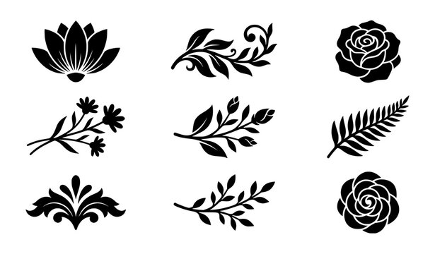 Black floral silhouette vector set with random flowers leaves and botanical decorative elements isolated on white