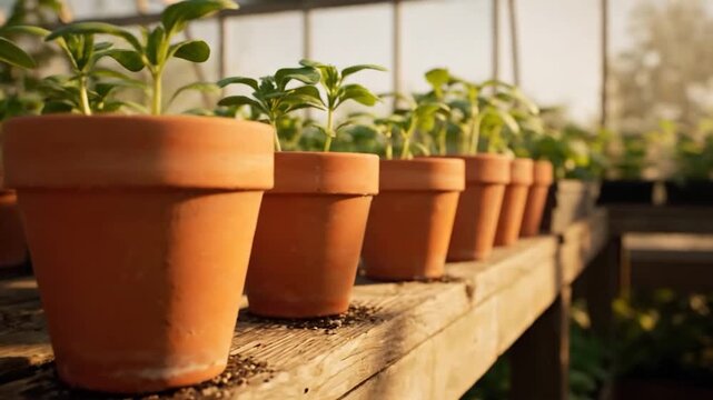 Row of terracotta pots with small green plants growing inside a greenhouse, bathed in natural light.