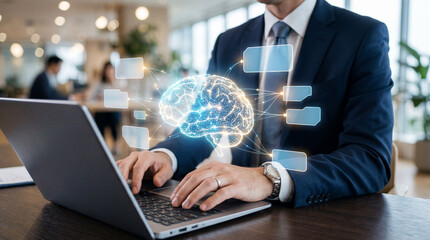 Innovation management strategy. Idea evaluation and organizational learning in research and development. Man managing experiment portfolio on laptop computer