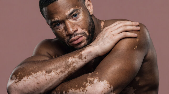 Portrait of a confident muscular Black man with vitiligo and blue eyes posing on a dusty rose background.
