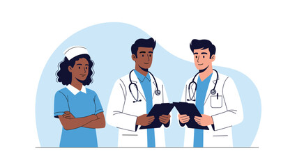 Fototapeta premium Diverse team of medical professionals including a nurse and two doctors wearing stethoscopes and holding clipboards in a hospital setting.