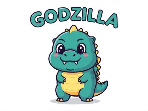 Cute chibi Godzilla cartoon character vector illustration isolated on a clean white background for kids design.