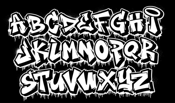Graffiti Drip Font - White Street Art Alphabet with Paint Dripping Effect on Black Background