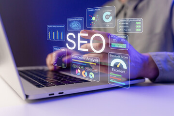 Working on SEO strategies using digital tools and analytics during daytime in a modern workspace