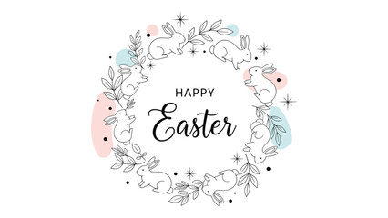 Obraz premium Decorative Easter wreath with hand drawn bunny outlines and leaves around festive text for seasonal greeting card design.