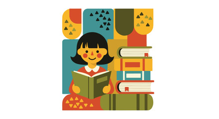 Fototapeta premium Joyful young girl engrossed in reading a book, surrounded by stacks of colorful books in a vibrant, stylized illustration.