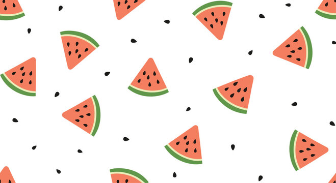 Simple and playful seamless pattern of watermelon slices and black seeds scattered on a white background in a flat vector design style.