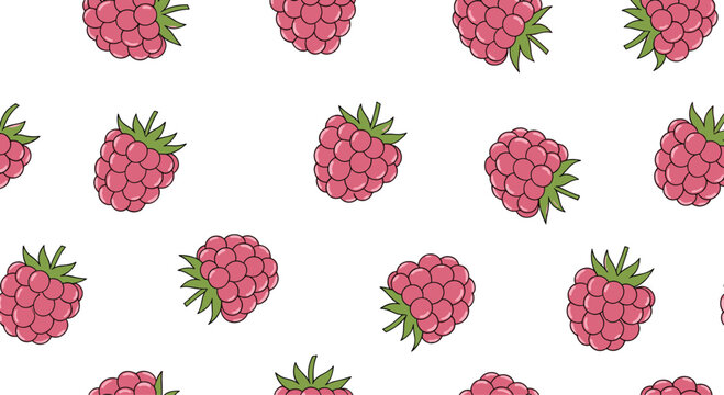 Delicious seamless pattern of ripe pink raspberries with small green leaves scattered evenly over a plain white background for packaging.