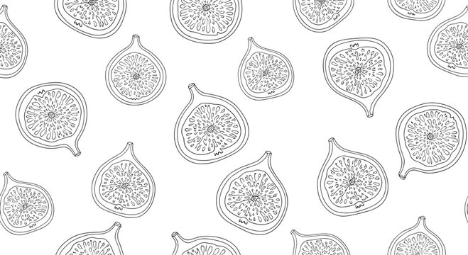 Seamless pattern of hand-drawn fig slices showing internal texture and seeds in a repetitive black and white outline style for fabric or wallpaper.