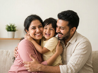Obraz premium happy indian parents hugging laughing child in bright modern living room family bonding lifestyle concept