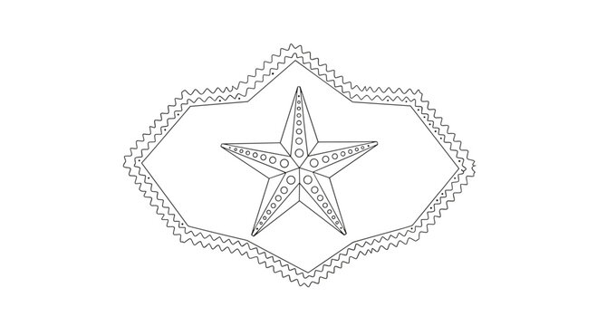 Line art illustration of a five pointed starfish centered inside a decorative geometric frame with wavy and dotted border details.