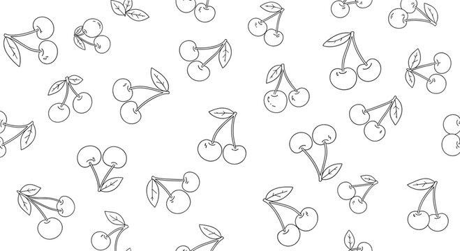Seamless pattern featuring multiple pairs of cherries with stems and leaves rendered in a clean black and white line art drawing style.