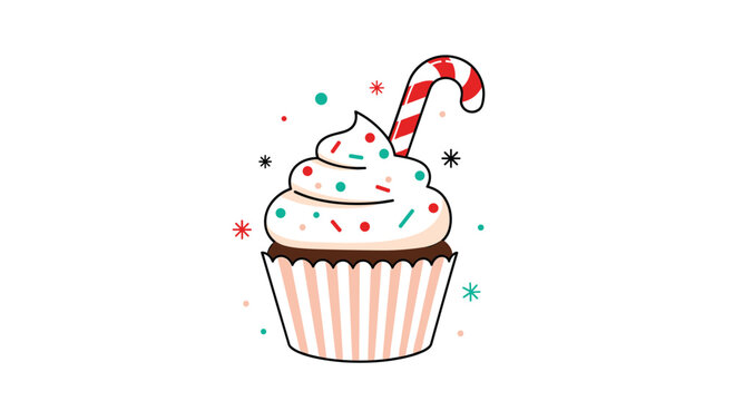 Delicious chocolate cupcake topped with white whipped cream frosting and a red striped candy cane decorated with colorful holiday sprinkles.