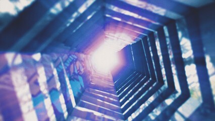 Obraz premium Blue hexagonal tunnel recedes into the distance, ending with a powerful bright light source illuminating the abstract space.