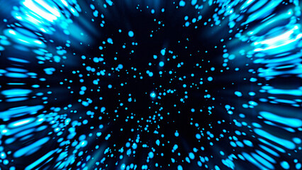 Bright blue light particles stream and flow rapidly across a dark abstract background, suggesting fast motion. © vannet