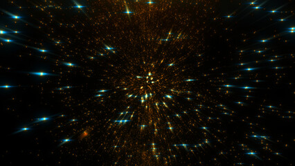 Fototapeta premium Numerous tiny golden and bright blue lights streak across a dark void, creating a vibrant effect of cosmic motion.