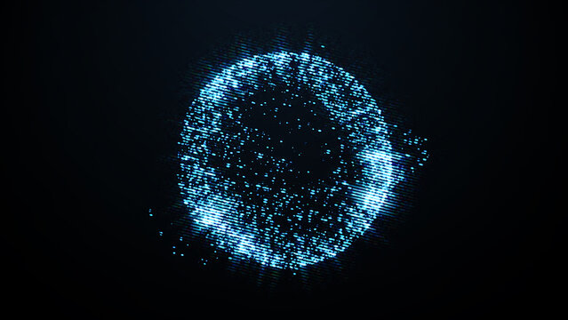 Bright blue particles and luminous lines form an abstract circular ring shape on a dark black background, appearing digital.