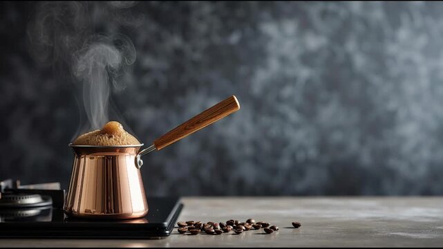 Copper coffee pot heating turkish coffee on a stove with rising steam. Kitchen scene showing the traditional beverage brewing process for a morning hot drink.