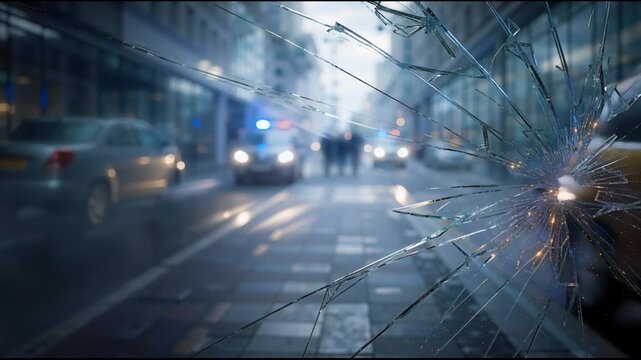 Cracked window looking at city street with people walking and police car during emergency. Urban scene with broken glass barrier. Security incident concept.