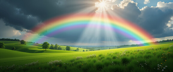Fototapeta premium Rainbow arcing over a fresh green meadow with sun rays in spring 
