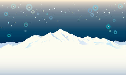 Mountain winter landscape with white peaks of mountains and the stars in the night sky - vector illustration. © Rustic