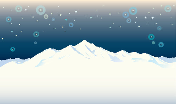 Mountain winter landscape with white peaks of mountains and the stars in the night sky - vector illustration.