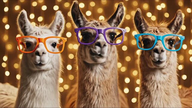 Llamas in orange purple blue glasses with golden bokeh