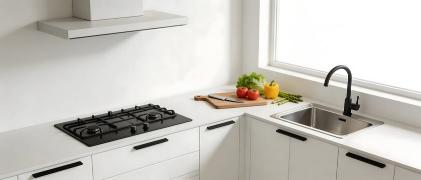 Modern White Kitchen with Stove and Sink
