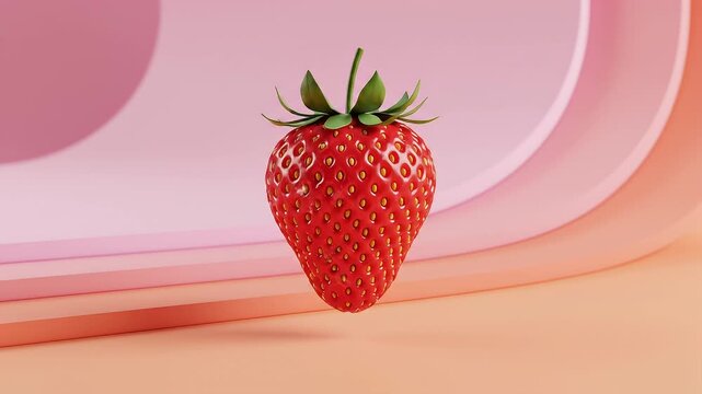 A vibrant and juicy strawberry rendered in stunning 3D, showcasing its texture and rich red color against a softly blurred backdrop of pastel pink and orange abstract shapes