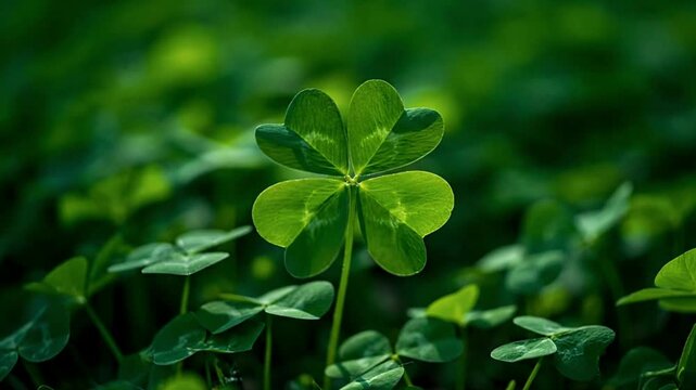 Unique four-leaf clover standing out in a field of three-leaf clovers.