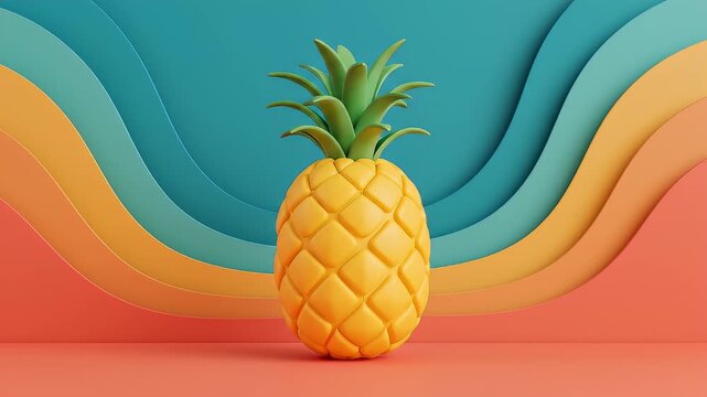 A vibrant 3D illustration of a ripe pineapple against a backdrop of colorful wavy layers, evoking a sense of summer and tropical freshness