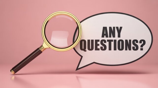 Vibrant photo of Magnifying Glass and Speech Bubble with Any Questions Text on Pink Background