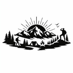 Minimalist Outdoor Adventure Silhouette with Mountains Sun and Camping Scene