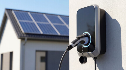 Modern EV wallbox charger mounted on house wall with solar panels in sunny daylight