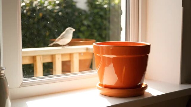 Small birds perch on a wooden railing outside a sunlit window next to an empty orange flower pot, creating a serene domestic scene.