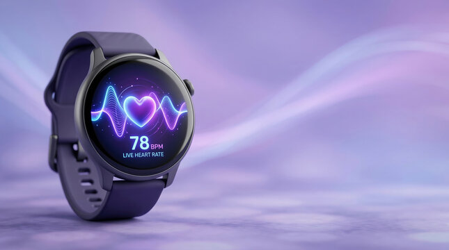 Stylish round smartwatch displaying live heart rate 78 BPM with neon heart pulse waveform, wearable fitness tracker in purple lifestyle scene