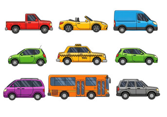 Naklejka premium Colorful illustration of various vehicles isolated on transparent background