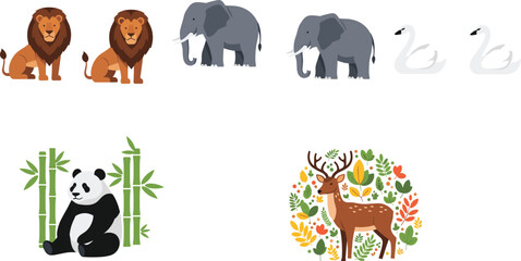 Set of flat vector wild animals including lion elephant panda swan and deer with floral elements isolated on white background © Niheranjan