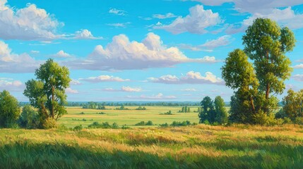 Serene landscape with lush green trees and vast field under blue sky