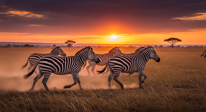 Zebras Running Across Vast African Savanna at Dramatic Sunset