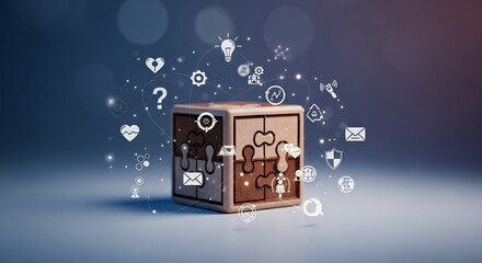 A wooden puzzle cube is encircled by a galaxy of interconnected business and social icons.