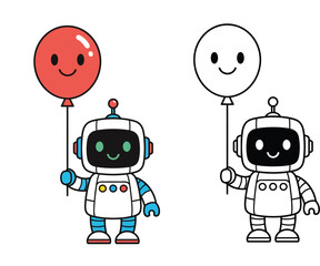 Cute robot holding a smiling balloon cartoon vector illustration with black and white outline version for coloring book