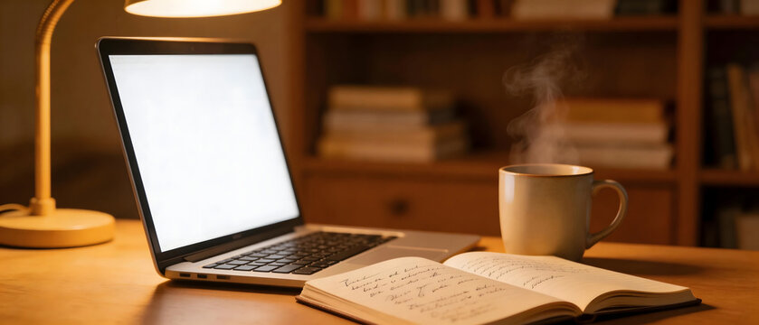 Laptop, Open Book, and Hot Drink on Wooden Desk