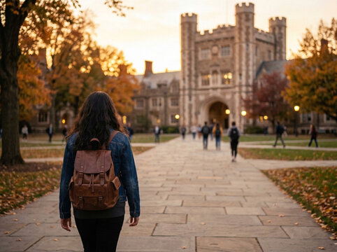 indian university student walking with backpack toward campus building symbolizing higher education opportunity and academic future