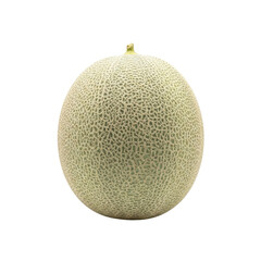 A whole light green cantaloupe melon with textured rind and a small stem isolated on a transparent background